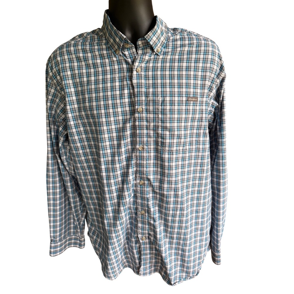 Eddie Bauer Mens XL Classic Fit Plaid Button Down Shirt Blue White Long Sleeve